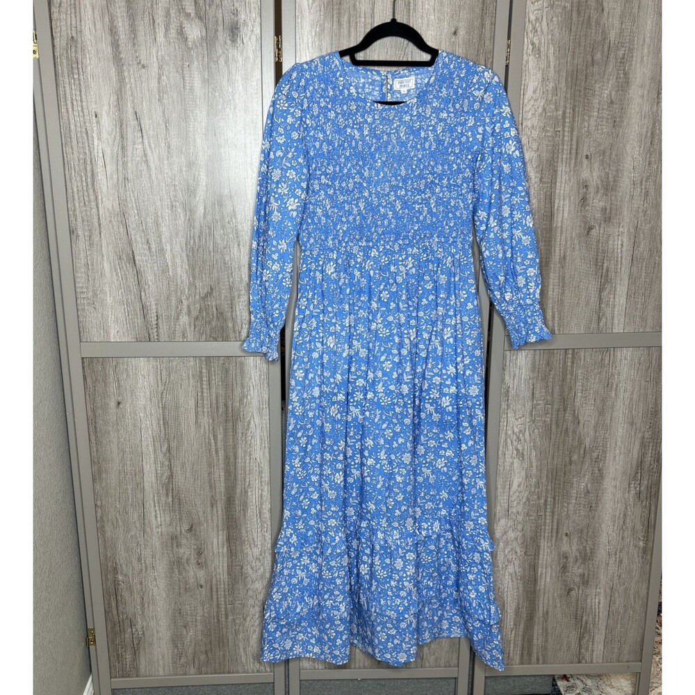 Pink City Prints Maxi Dress Smocked Long Sleeve Floral Pockets blue